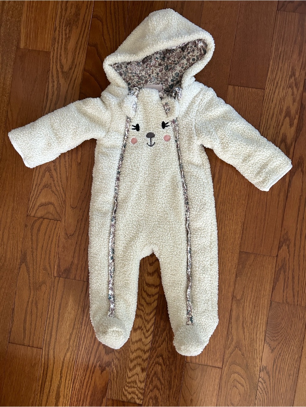Little Lass Baby Cream Sherpa Hooded One-Piece Bunting Pram Floral Trim 3-6M